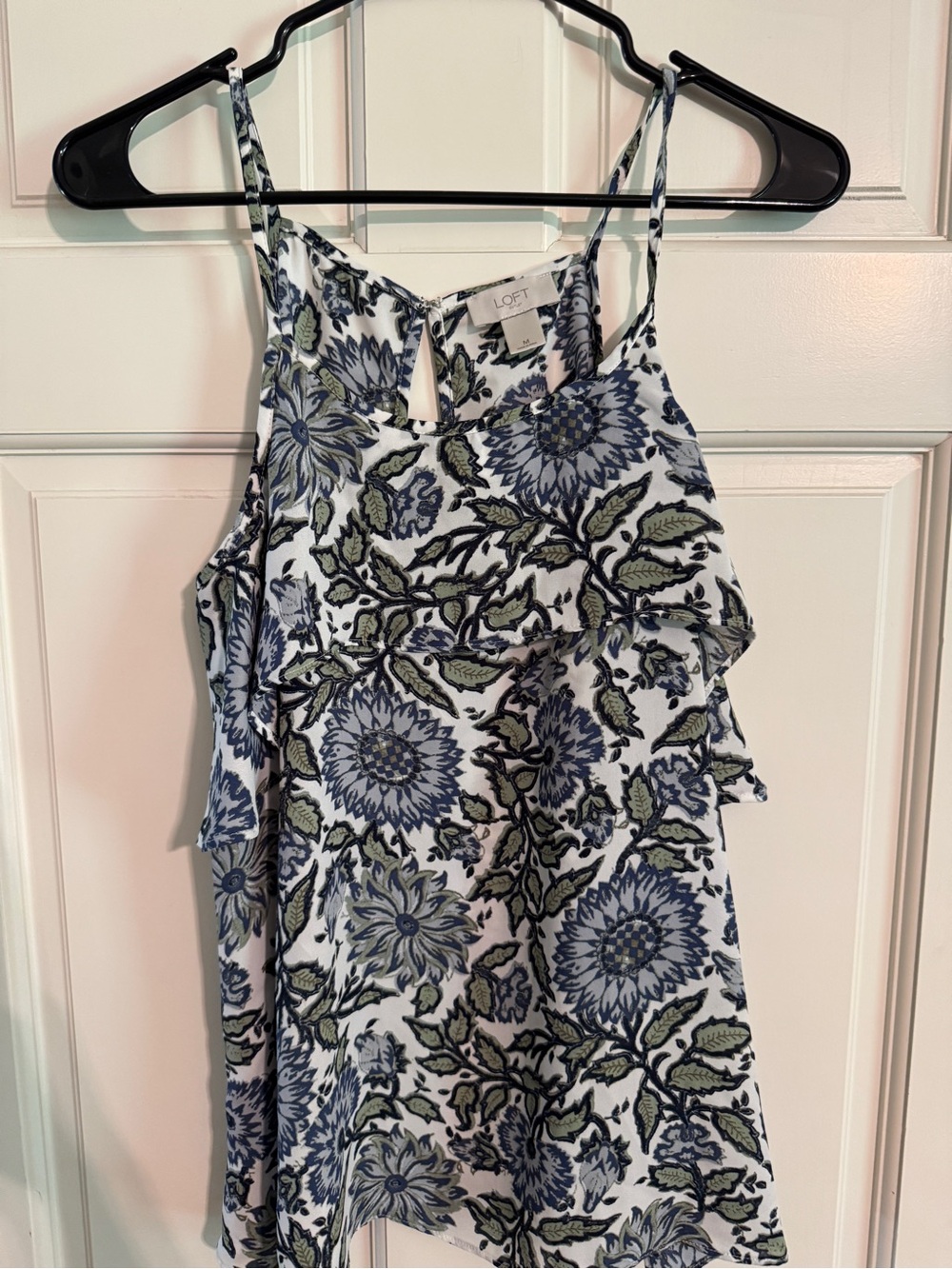 LOFT White Floral Ruffle Tank Top with Blue and Green Print
